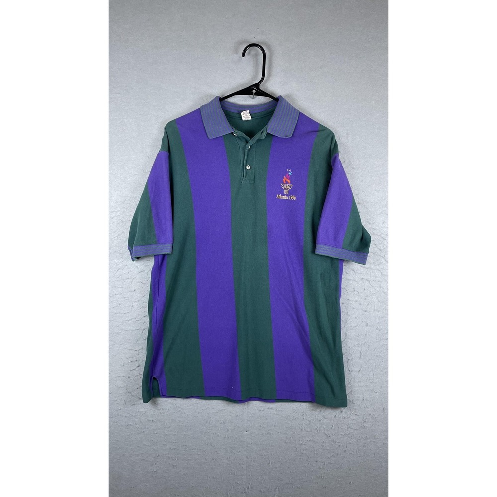 Vintage Atlanta 1996 Olympics Rugby‎ Polo Shirt Mens Large Green Purple Striped
